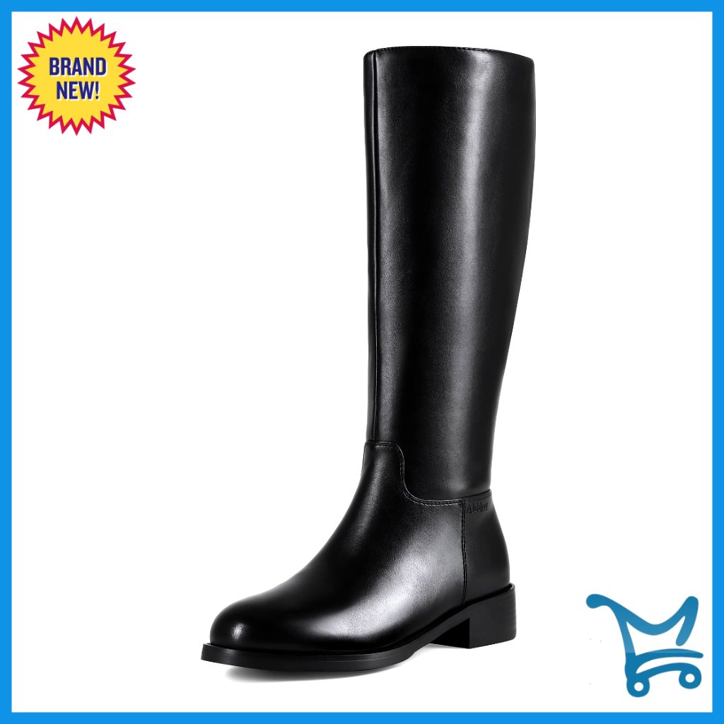 Knee High Wide Calf Boots Round Toe Side Zipper Low Block Heel Winter